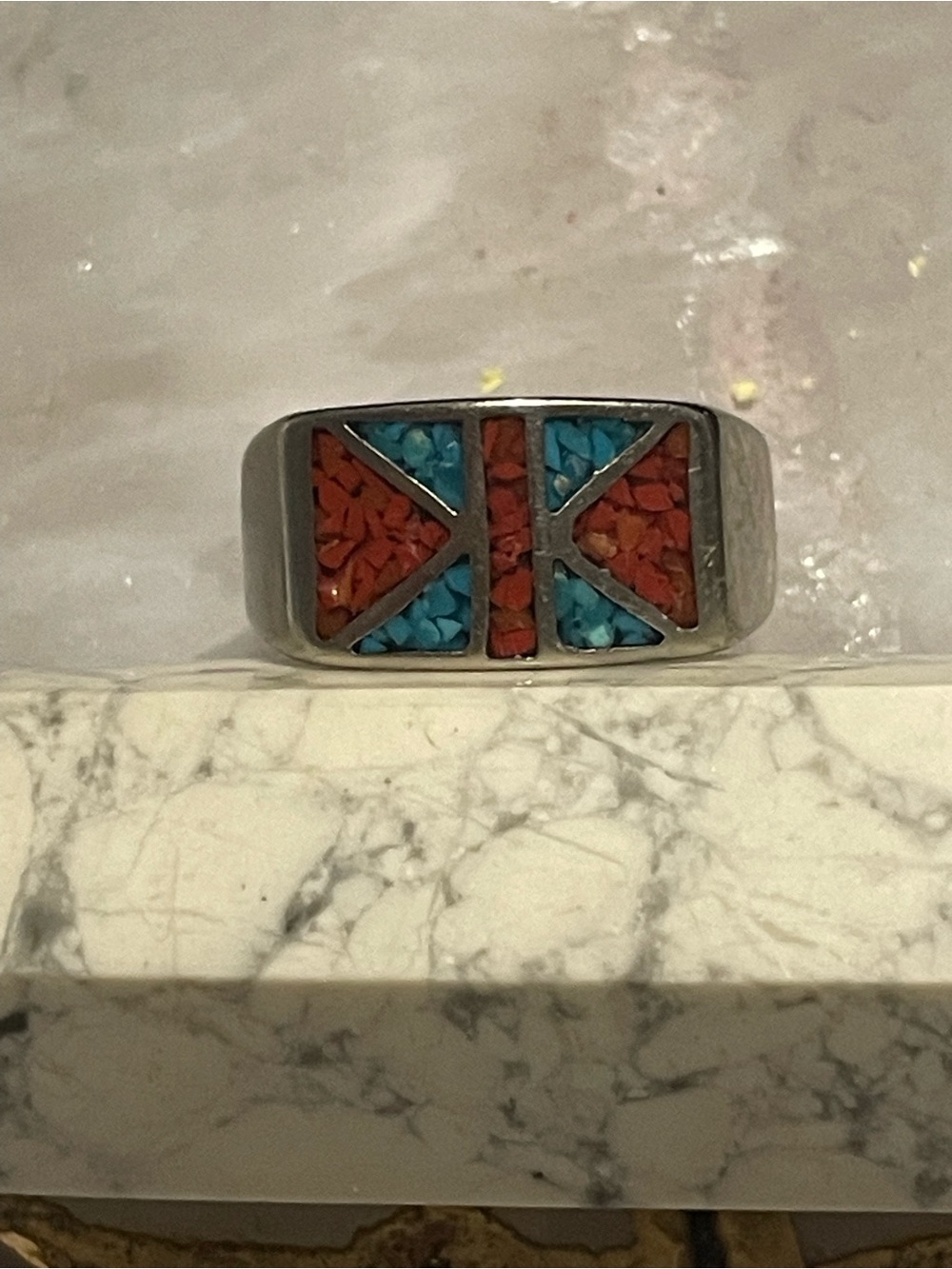 Crushed Turquoise & Coral Ring #7239